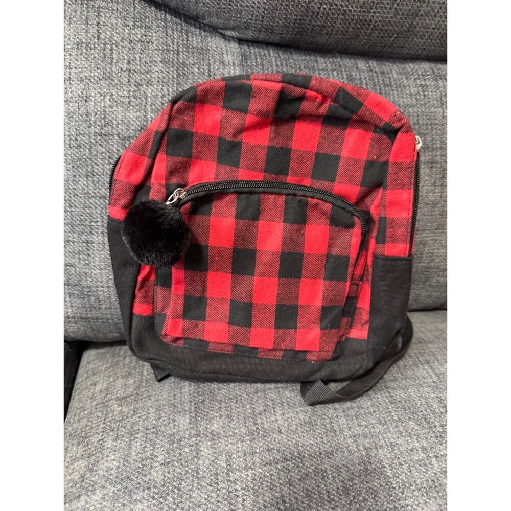 Cat & Jack Red and Black Buffalo Plaid Kids Backpack with Pom Pom